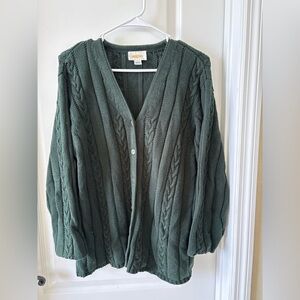 Vintage Talbots Petites 100% Cotton Cable Knit Cardigan Sweater Forest Green L